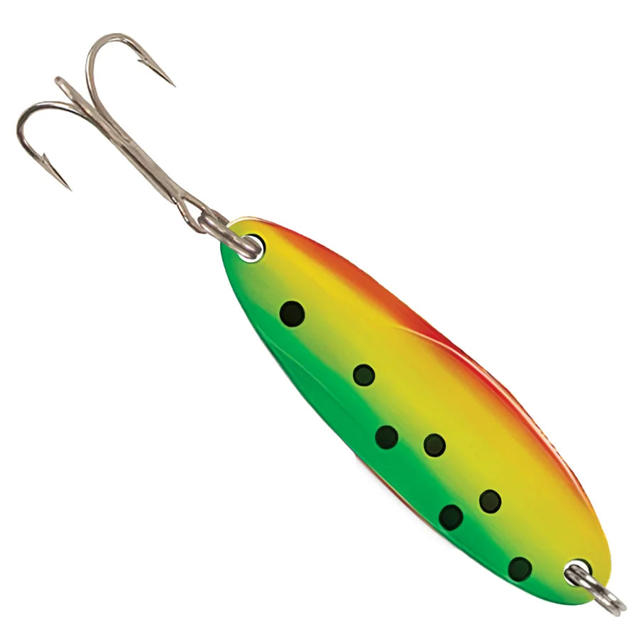 Acme Kastmaster fishing lure with a green yellow and red spoon design black spots and treble hooks for freshwater fishing tackle