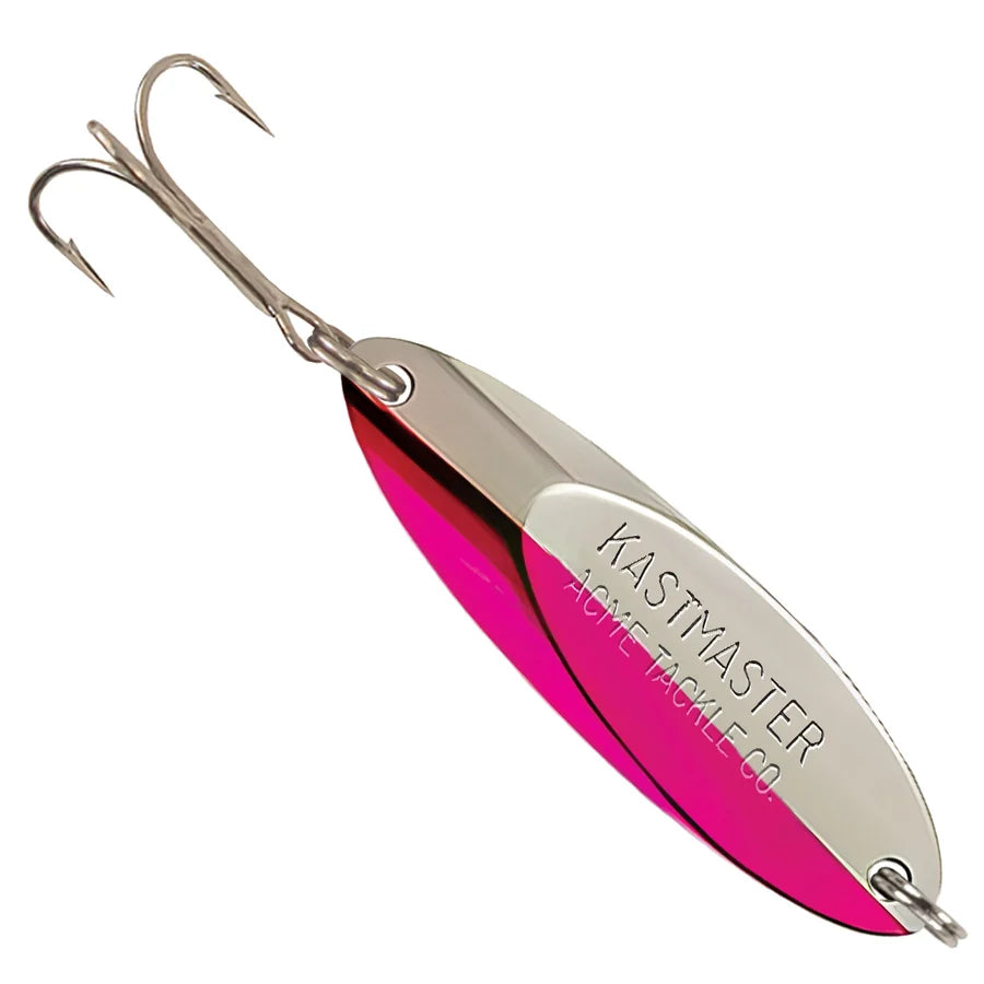 Acme Kastmaster silver and pink metal fishing lure with reflective finish and treble hooks for freshwater fishing tackle