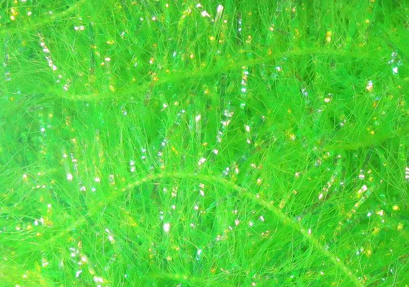 Close-up of bright lime green Hareline Krystal Flash Chenille material with reflective strands, used for creating fishing lures and fly tying in fishing tackle.