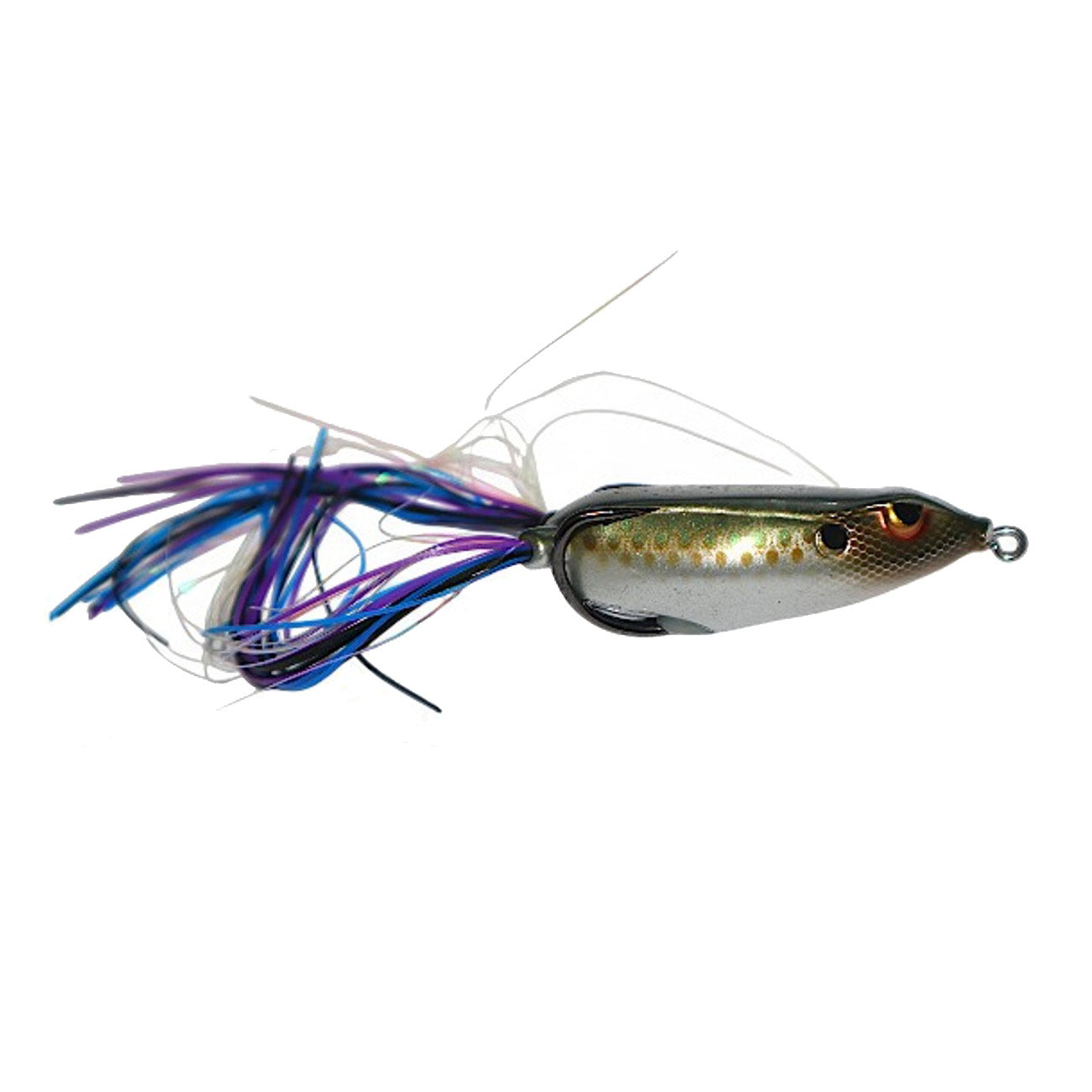 Gambler Lures Walking Frog fishing lure featuring lifelike frog body with detailed eyes and flexible purple and blue skirted tail for enhanced movement in water.