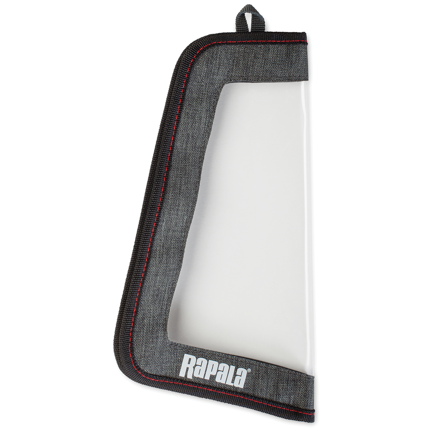 Rapala Rap Wrap protective case featuring a clear plastic body with durable dark fabric trim and red stitching, designed for safe storage and transport of fishing rods and reels.