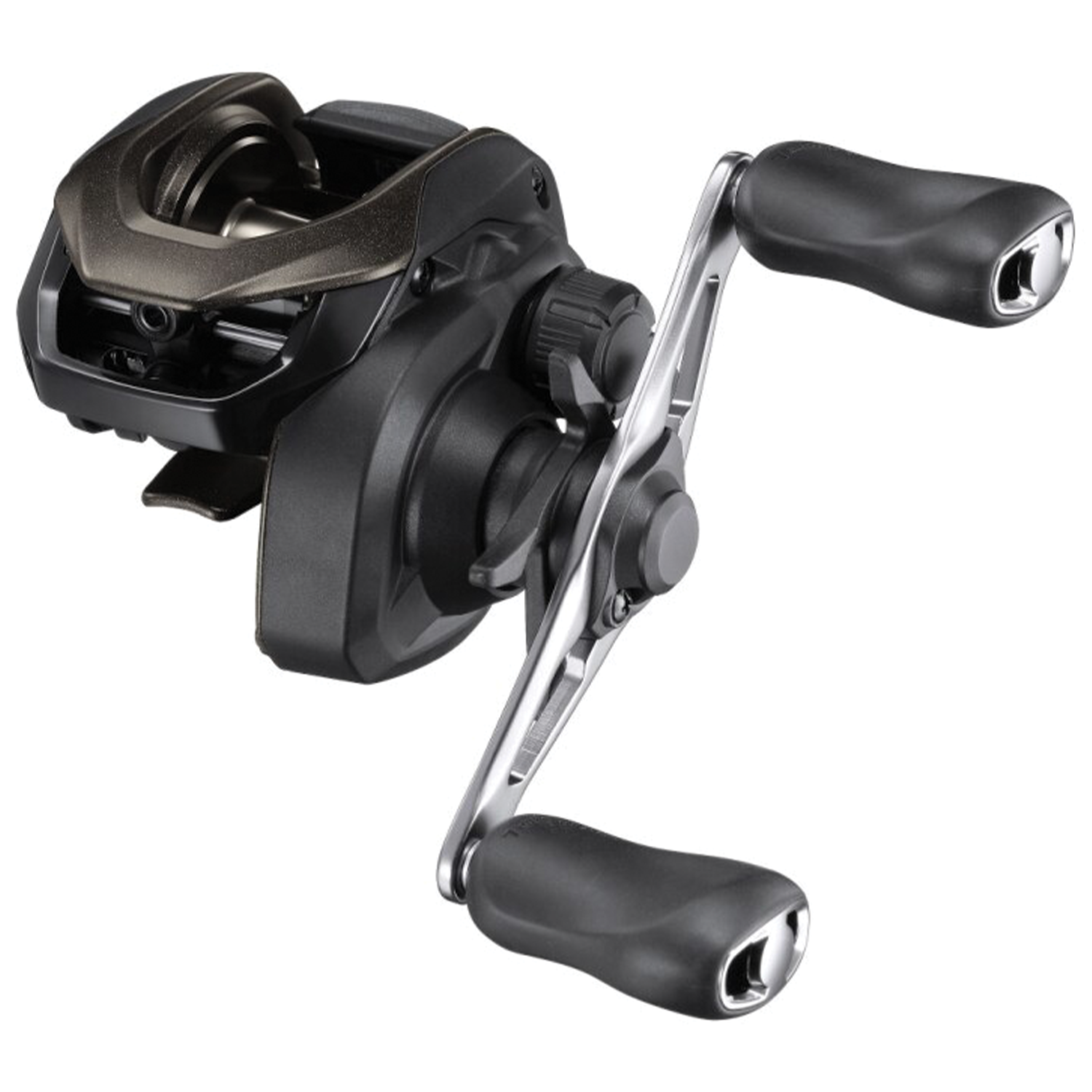 Shimano Caius C baitcasting fishing reel with ergonomic dual handles, black and metallic finish, designed for smooth casting and precision in fishing tackle setups.