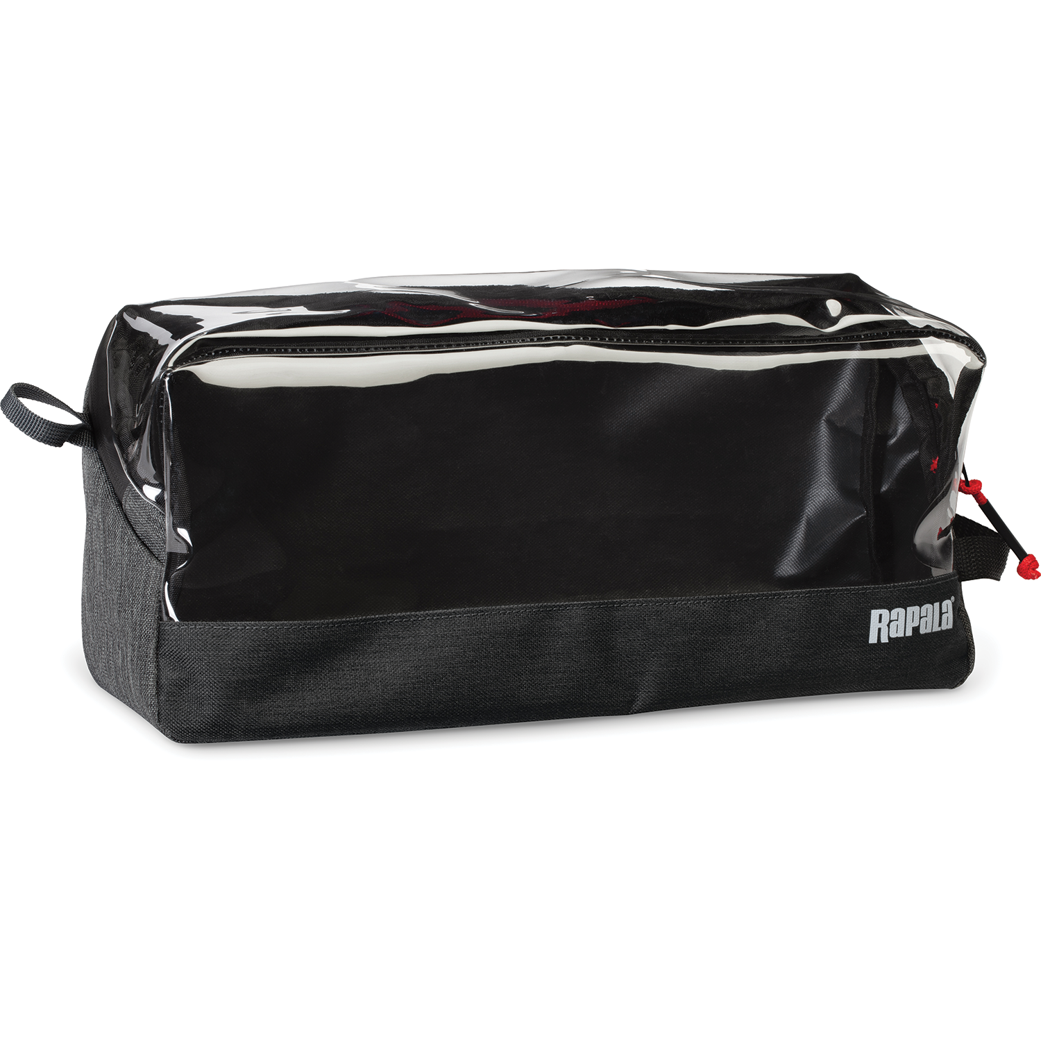 Rapala Rapid Pack clear-topped black fishing tackle bag with zipper closure and side handle, designed for organizing and storing fishing lures and gear.