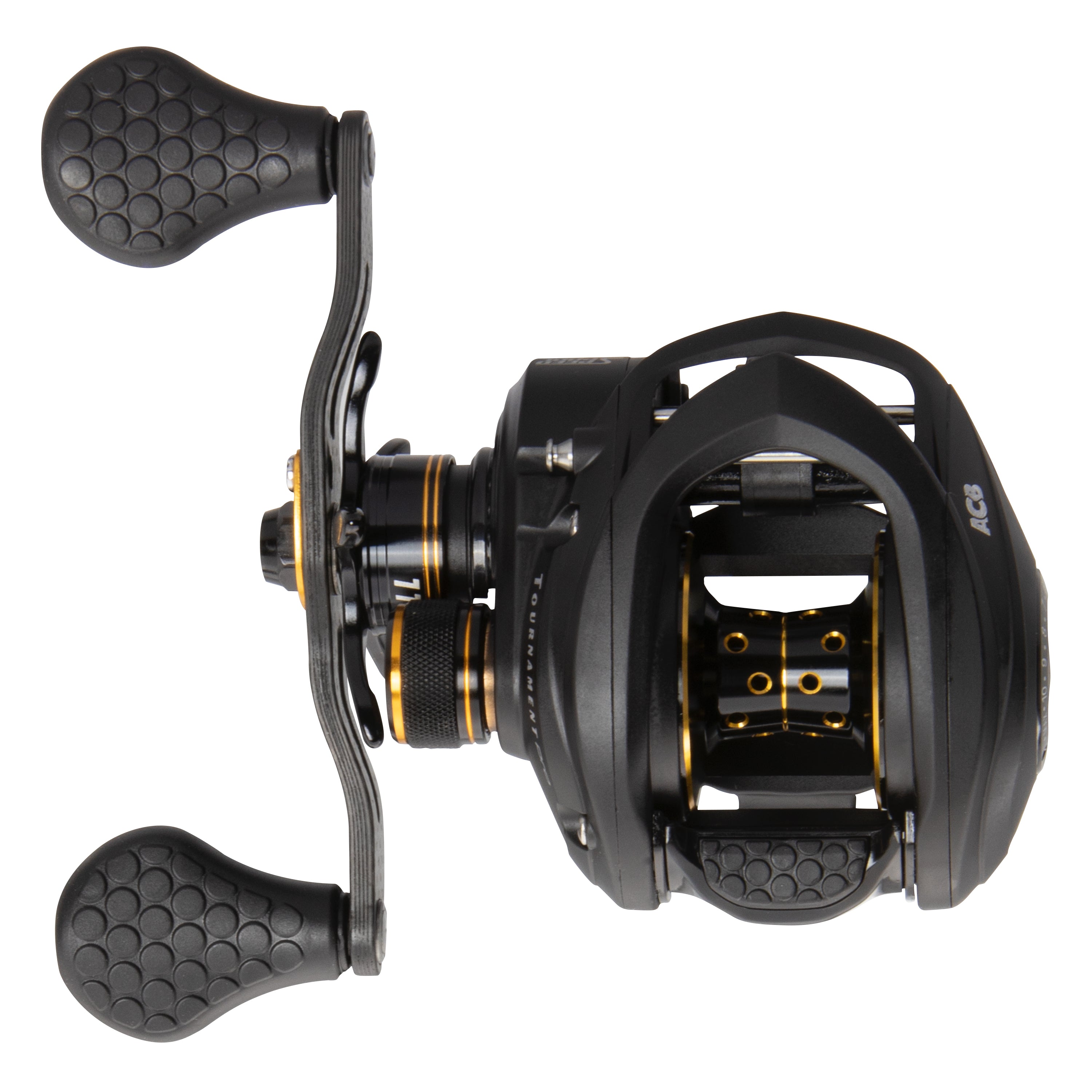 Lew's Tournament Pro Speed Spool LFS Casting Reel in black with gold accents, featuring ergonomic dual handles and a compact design for smooth fishing performance.