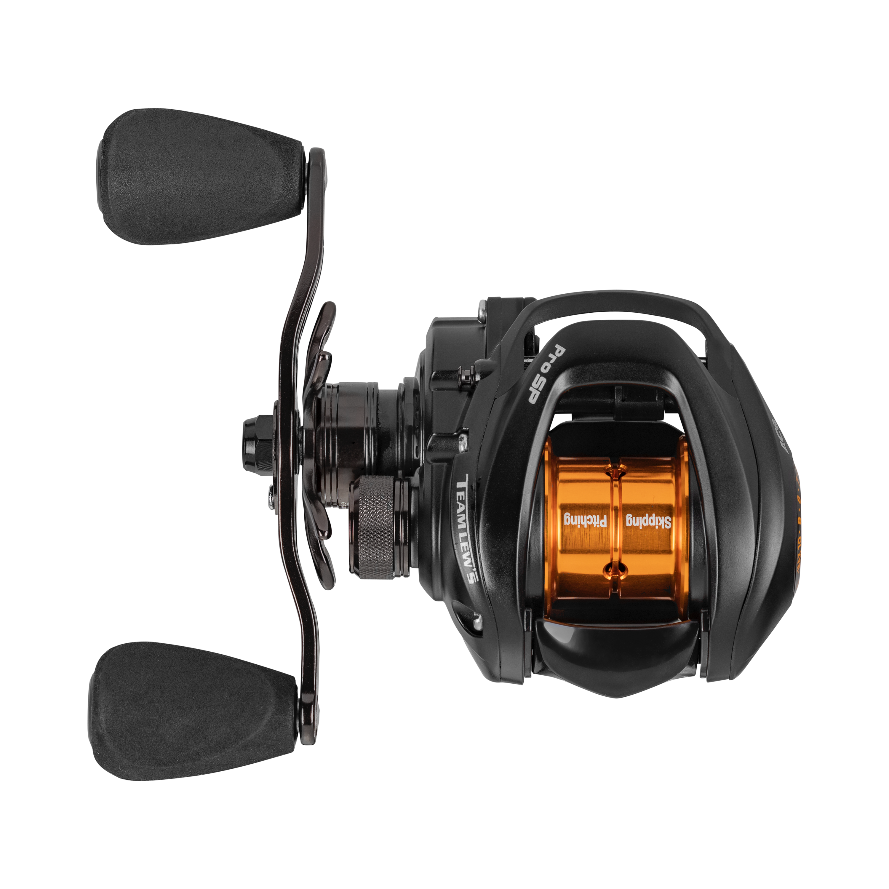 Lew's Pro Skip & Pitch Speed Spool SLP Casting Reel in black with orange spool, featuring ergonomic dual handles and precision engineering for smooth casting in fishing tackle.