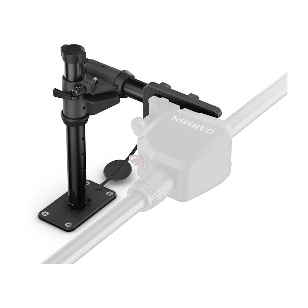 Garmin Gunnel Mount System (For Spy Pole) 010-13404-02 in black metal, designed for secure attachment of marine electronics to a boat railing, featuring adjustable clamp and mounting base.