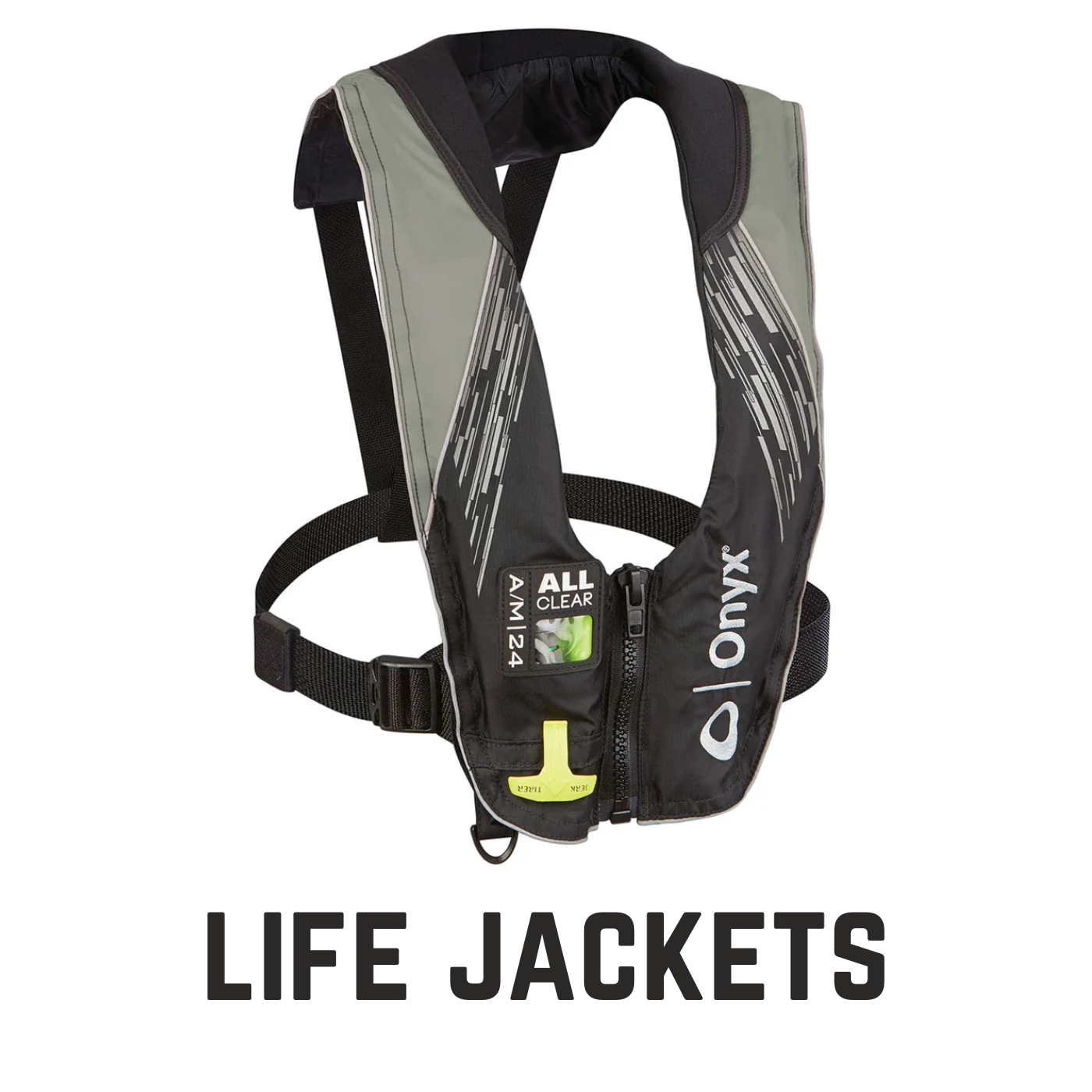 black and grey life jacket with text overlay life jackets