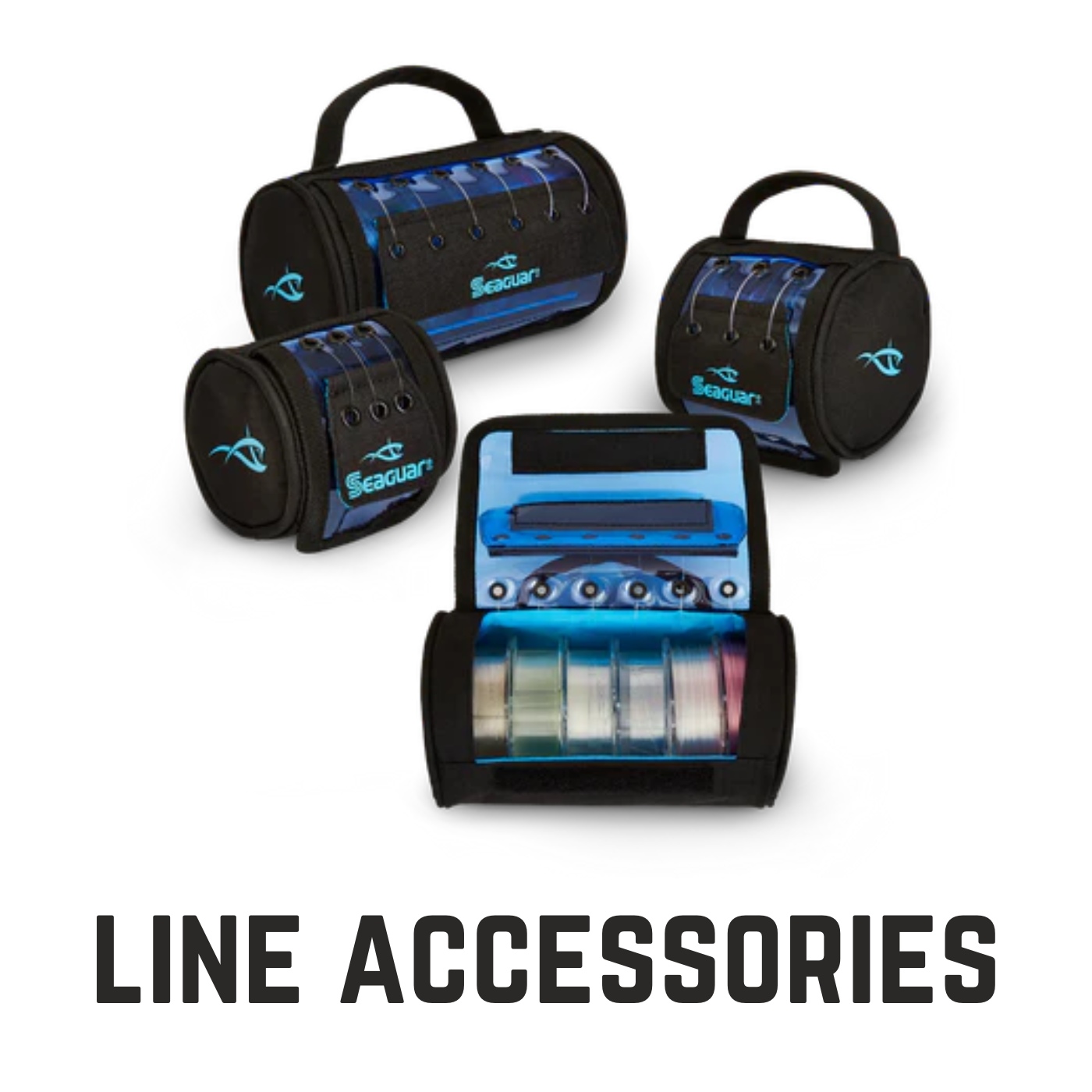 Seaguar fishing line spool organizers with text overlay line accessories
