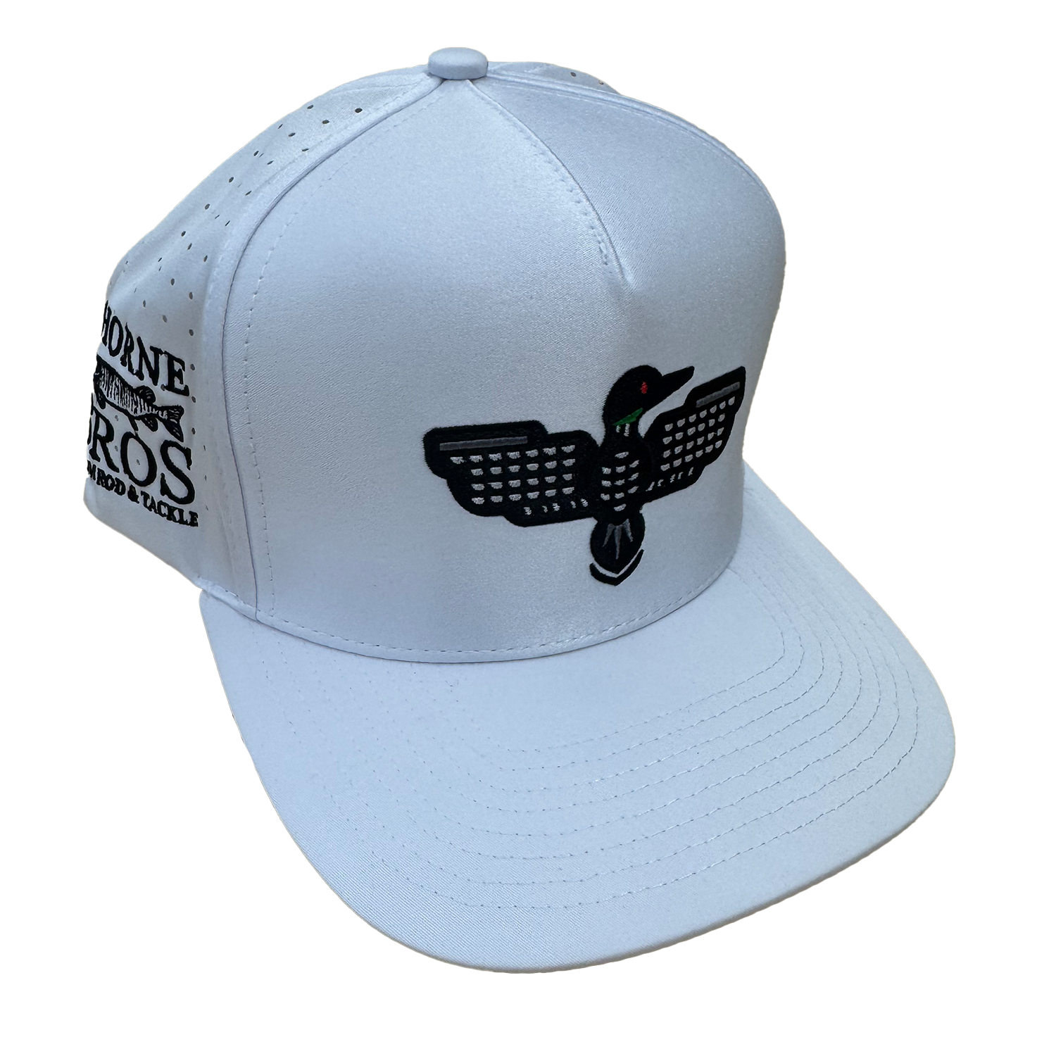 White Thorne Bros Waggle Hats baseball cap featuring a black embroidered bird logo on the front and brand name with fishing tackle text on the side panel.