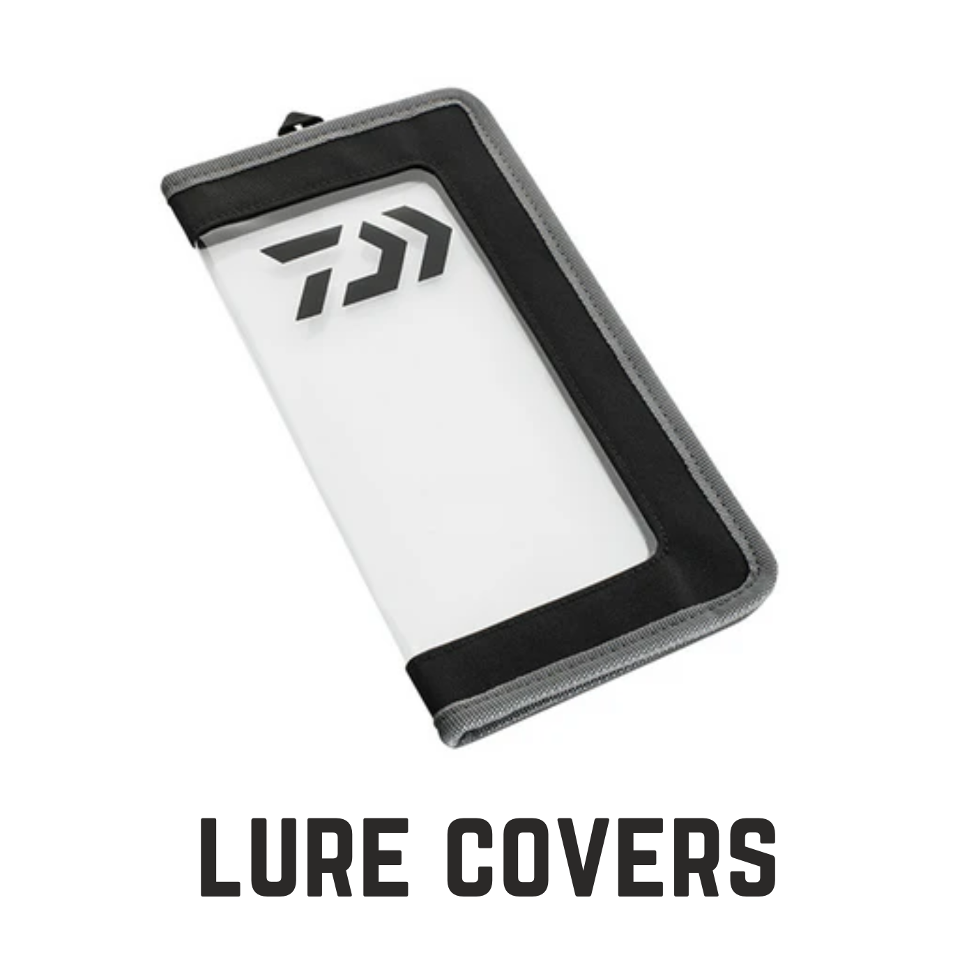 clear and black Daiwa lure cover with text overlay lure covers