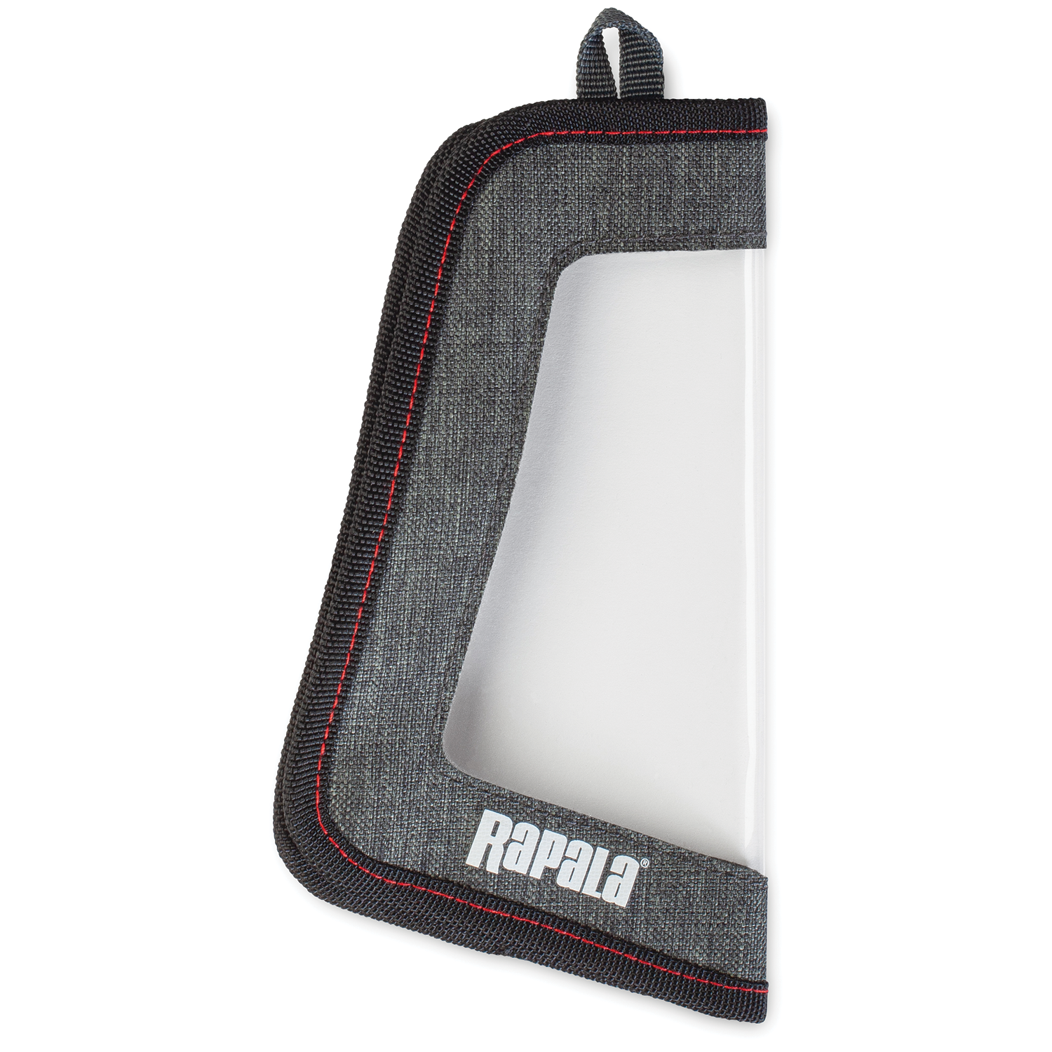 Rapala Rap Wrap protective fishing lure bag featuring durable gray fabric with red stitching and a clear plastic window for easy lure visibility and secure storage.