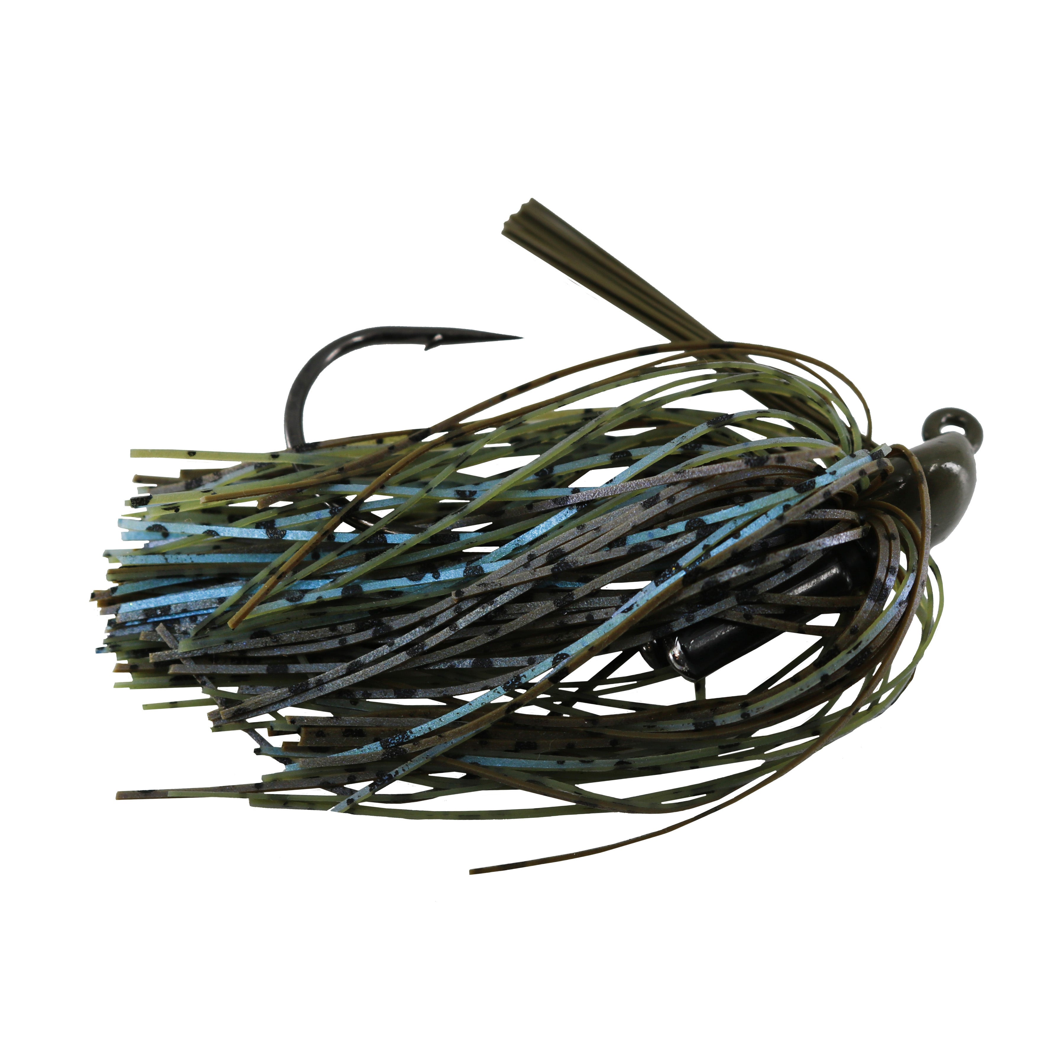 BassTEK Tungsten Flipping Jig fishing lure with a sharp black hook and multi-colored silicone skirt in shades of green, blue, and black for realistic underwater movement.