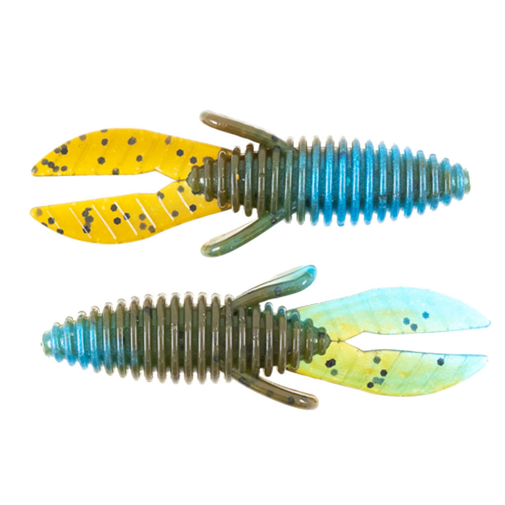 Two soft plastic fishing lures with ribbed blue and green bodies and split yellow and light blue claw-like tails, identified as Missile Baits Micro D Bomb, designed for fishing tackle use.