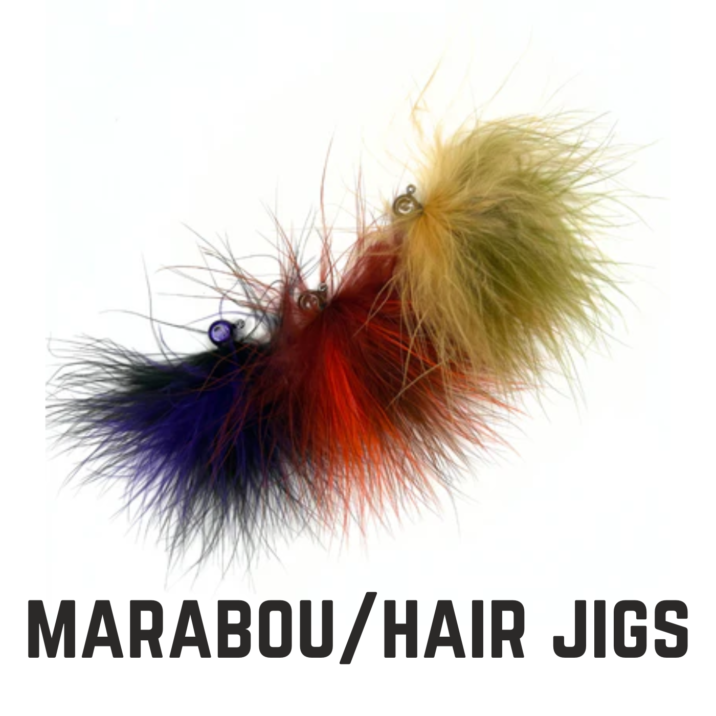 3 marabou jigs in black/lue red yellow/green with text overlay marabout/hair jigs