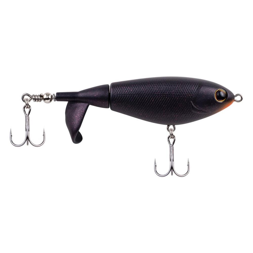 Berkley Choppo fishing lure in black with textured body, lifelike eyes, tail propeller, and two sharp treble hooks designed for effective fishing tackle use.