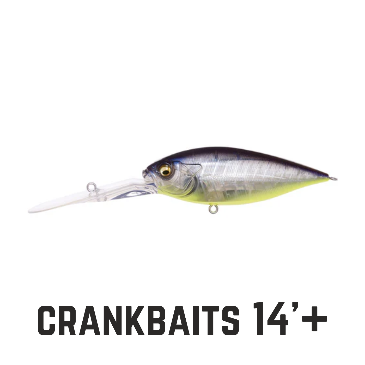 blue silver and chartreuse crankbait with text overlay crankbaits 14' plus