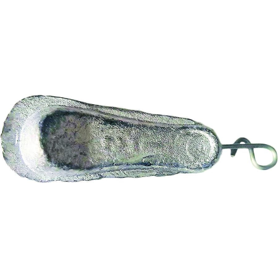 Close-up of a metal Mission Tackle Live Bait Sinker with a textured lead body and an attached wire loop for secure rigging in fishing tackle setups.