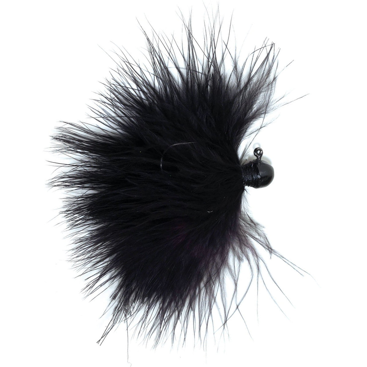 Mission Tackle Rallybou Marabou Jig with a dense, black marabou feather skirt designed for finesse fishing and bass lure applications.