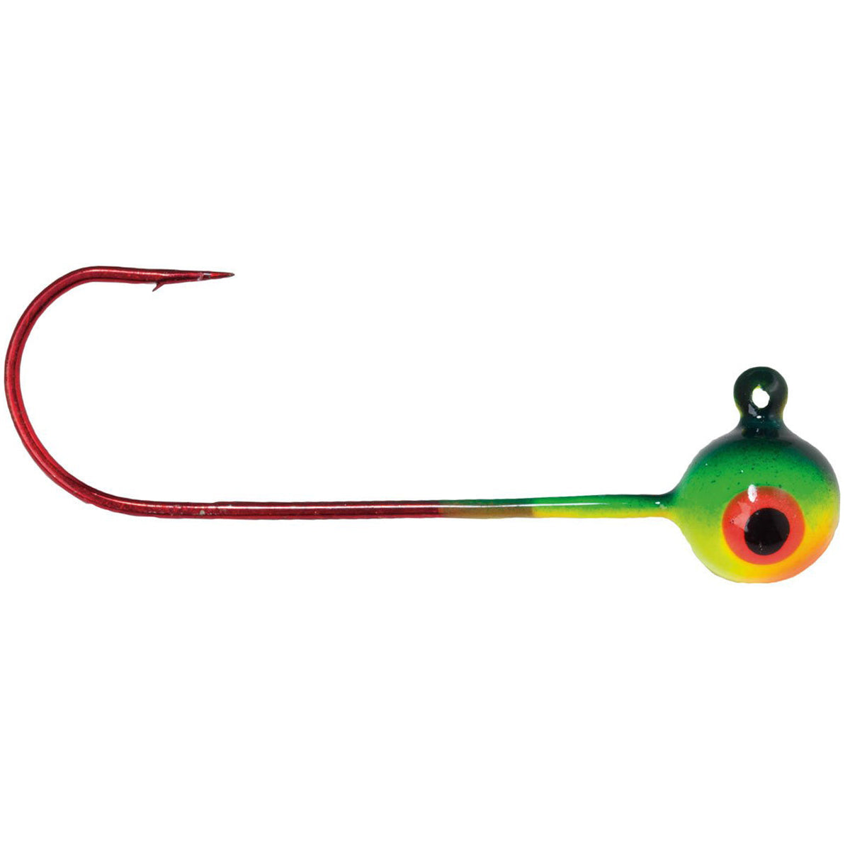 Mission Tackle Shiner Jig featuring a long red hook with a round, brightly colored yellow, green, and orange eye-shaped weighted head designed for fishing tackle.