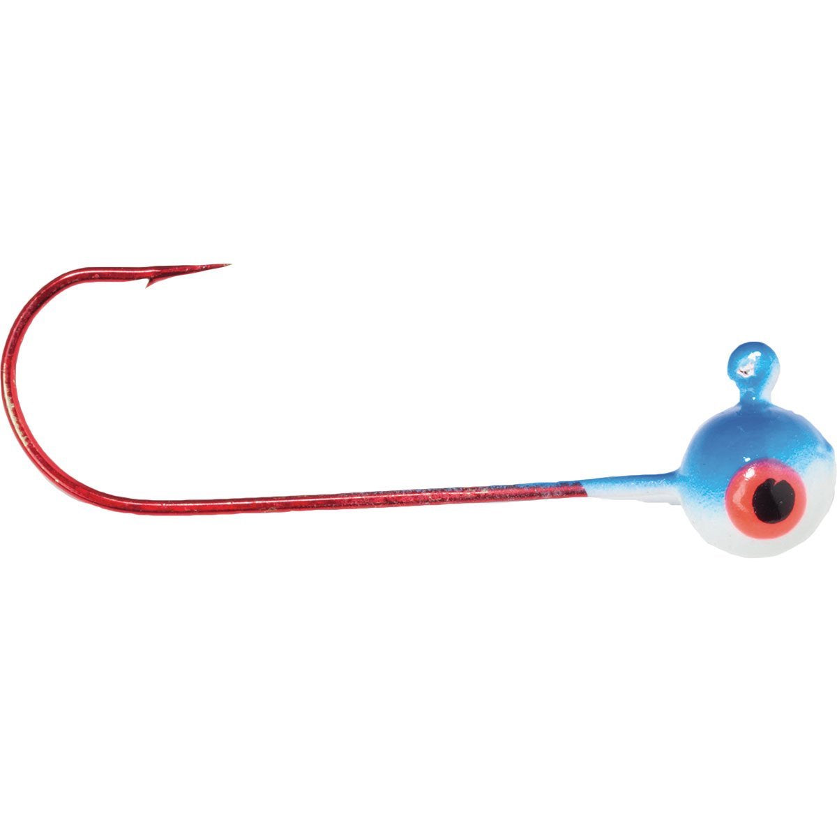 Mission Tackle Shiner Jig featuring a red metal hook with a blue and white rounded head designed for fishing tackle and fishing lures targeting musky and other game fish.