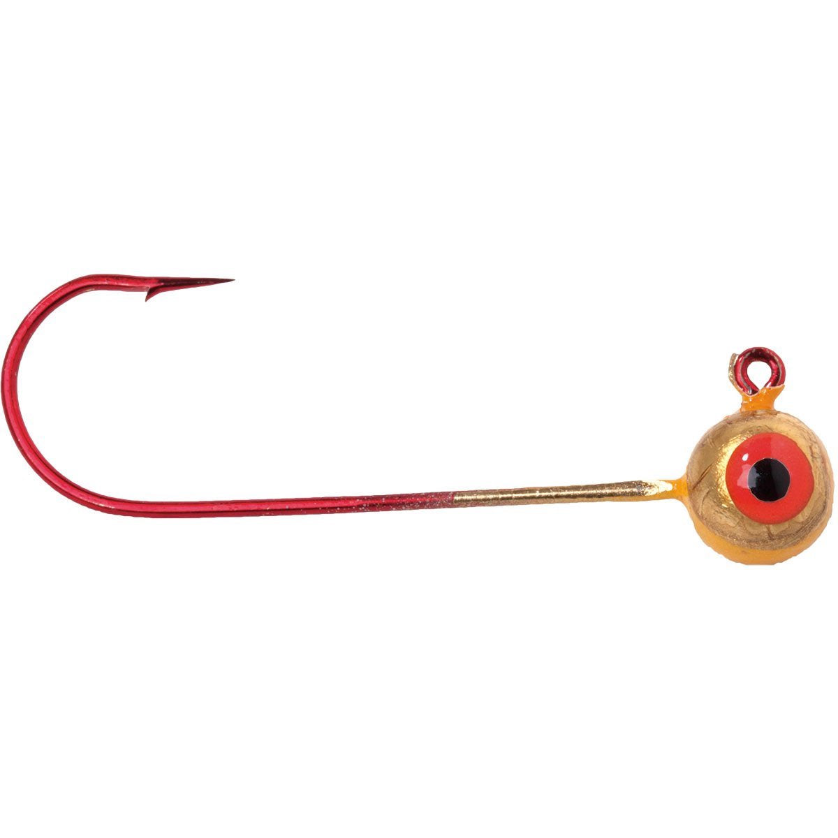 Mission Tackle Shiner Jig featuring a gold-colored jig head with a red and black eye design and a long red shank hook, used for fishing tackle applications.