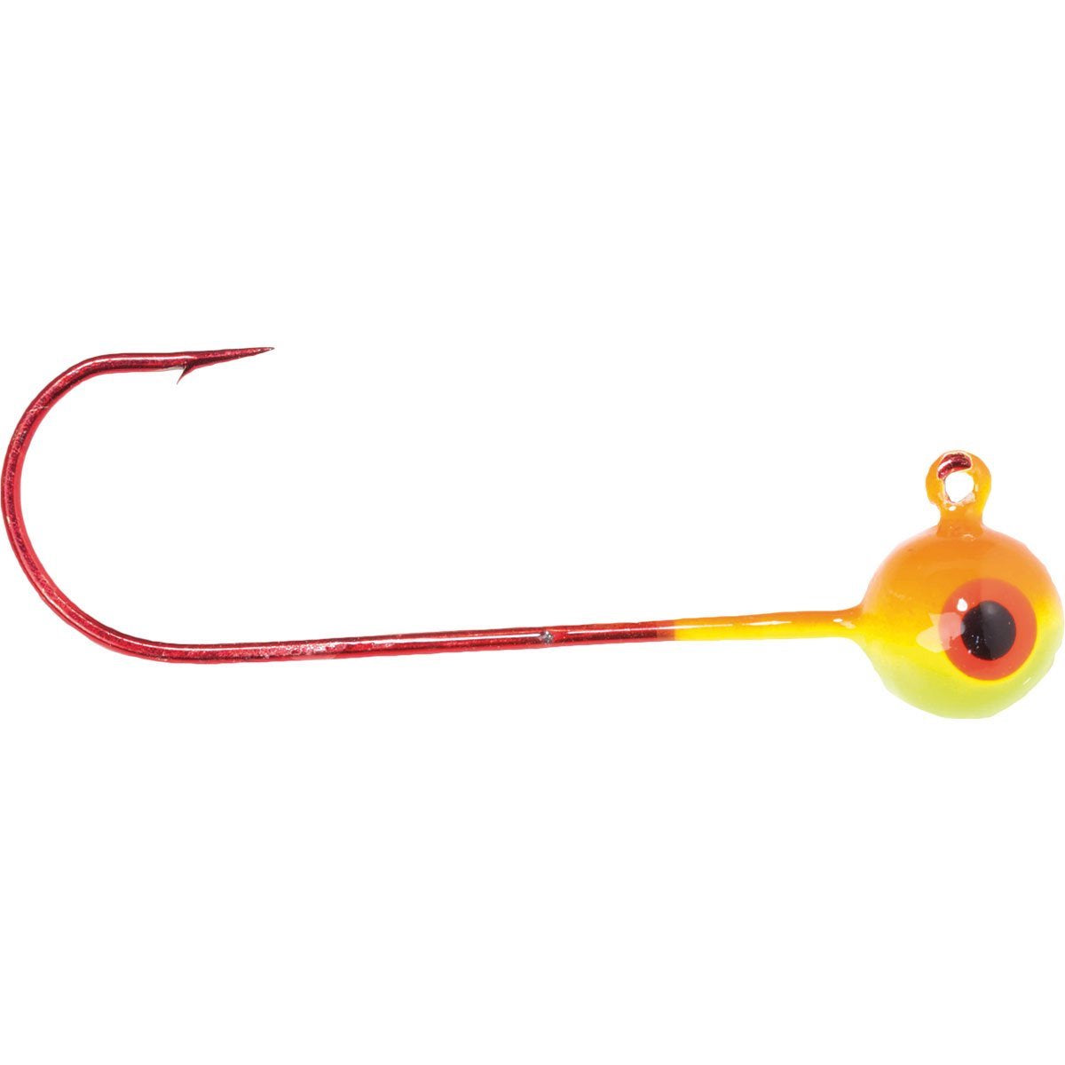 Mission Tackle Shiner Jig with a bright orange and chartreuse painted jig head featuring a black eye, attached to a long red fishing hook designed for fishing tackle use.