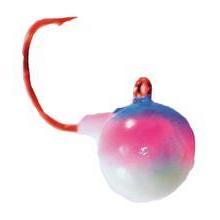 Mission Tackle Short Shank Jig with a round, brightly colored pink and white head and a curved red hook, designed for fishing tackle use.