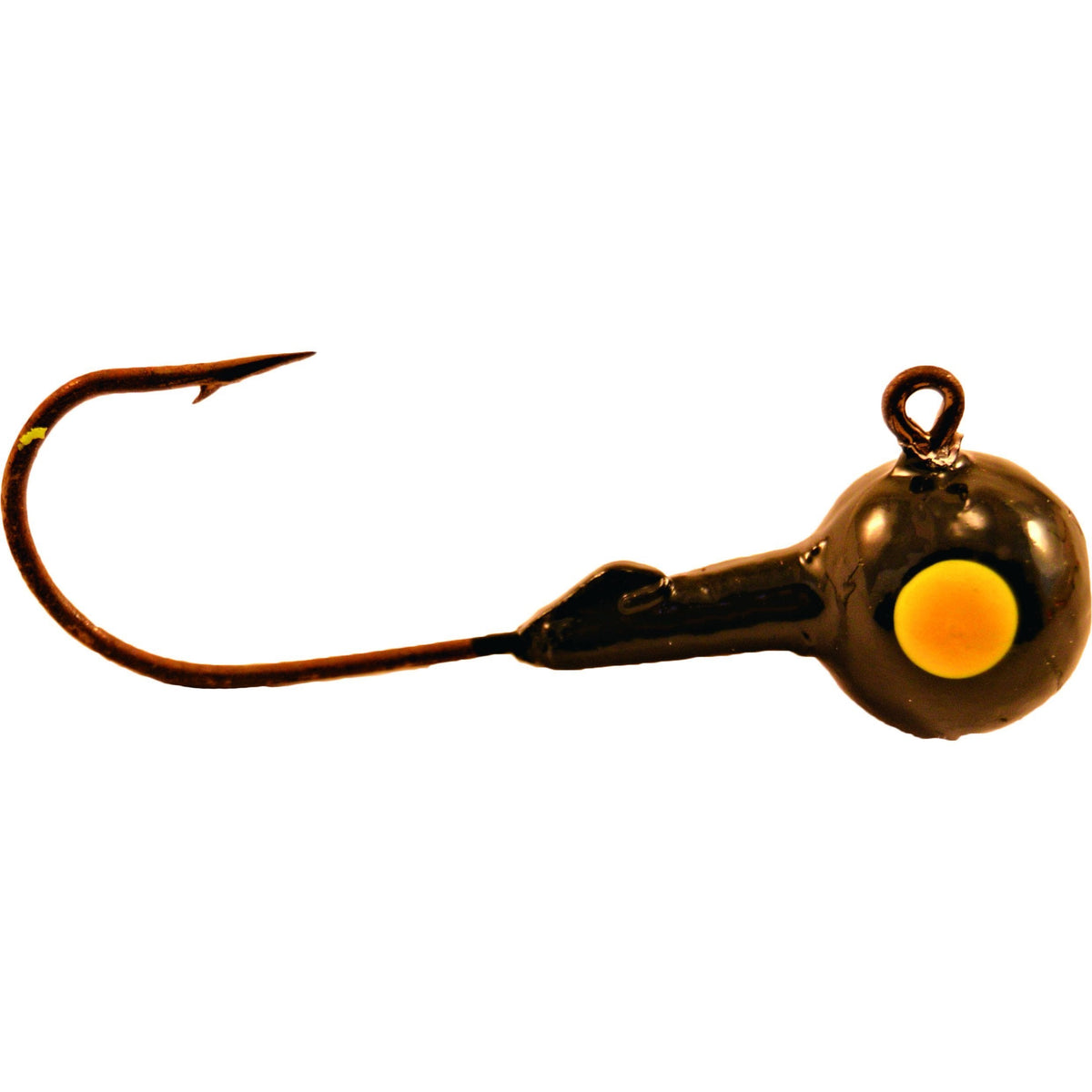 Mission Tackle Single Eye Round Head Jig featuring a black rounded metal head with a yellow dot and a sharp curved hook, designed for fishing tackle use.