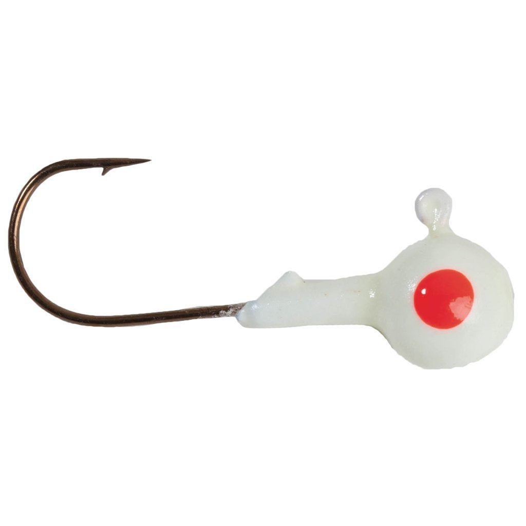 Mission Tackle Single Eye Round Head Jig with a white round head featuring a red dot, attached to a sharp fishing hook, designed for fishing tackle and lure use.