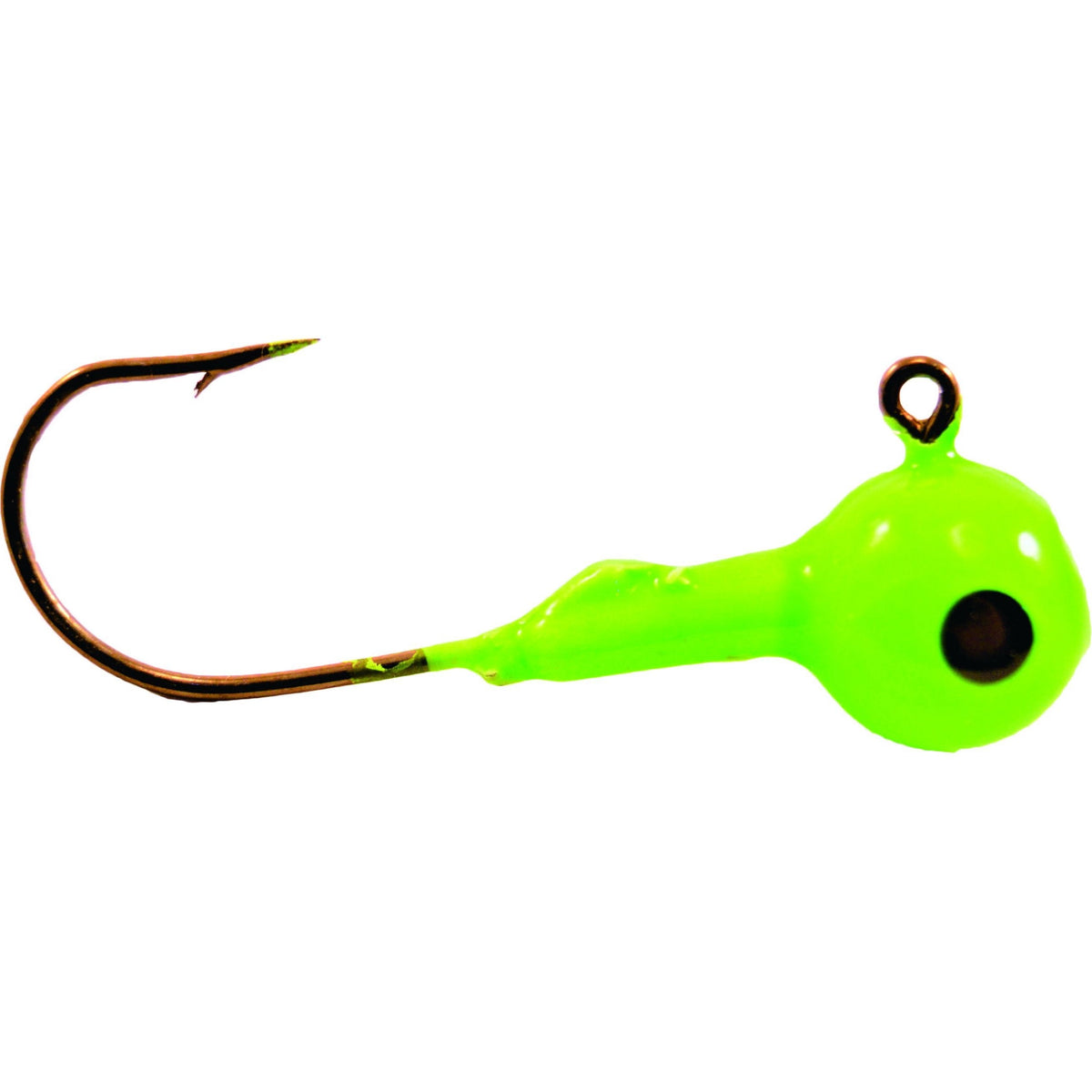 Mission Tackle Single Eye Round Head Jig featuring a bright lime green round head with a single eye attachment and a sharp brown fishing hook designed for effective fishing tackle use.