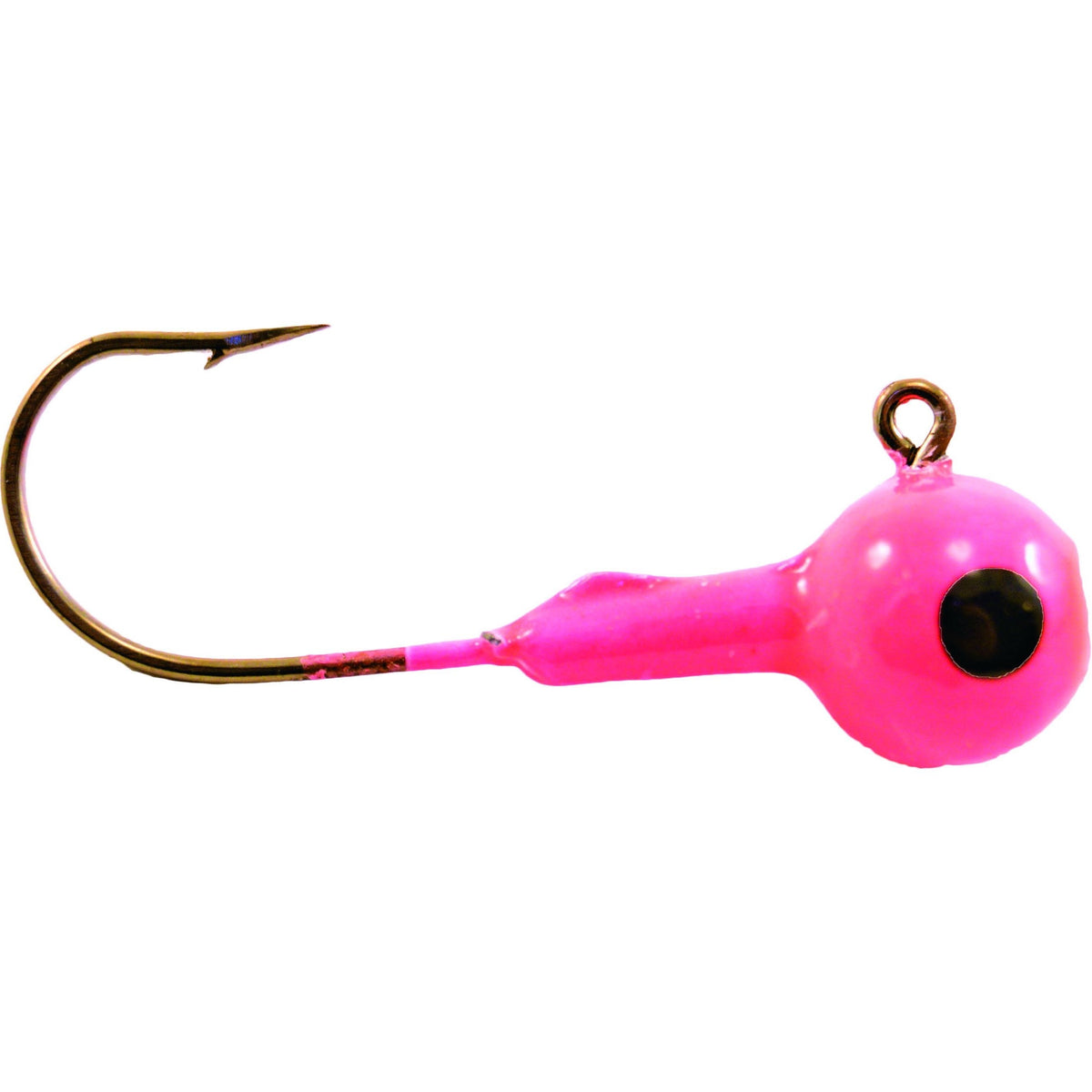 Mission Tackle Single Eye Round Head Jig in bright pink with a black eye detail, designed as a fishing lure for effective fishing tackle use.