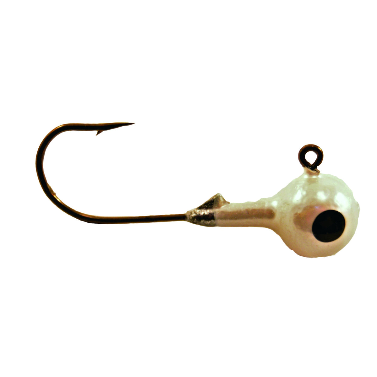 Mission Tackle Single Eye Round Head Jig featuring a white, round weighted head with a black eye design attached to a sharp fishing hook, designed for fishing tackle use.
