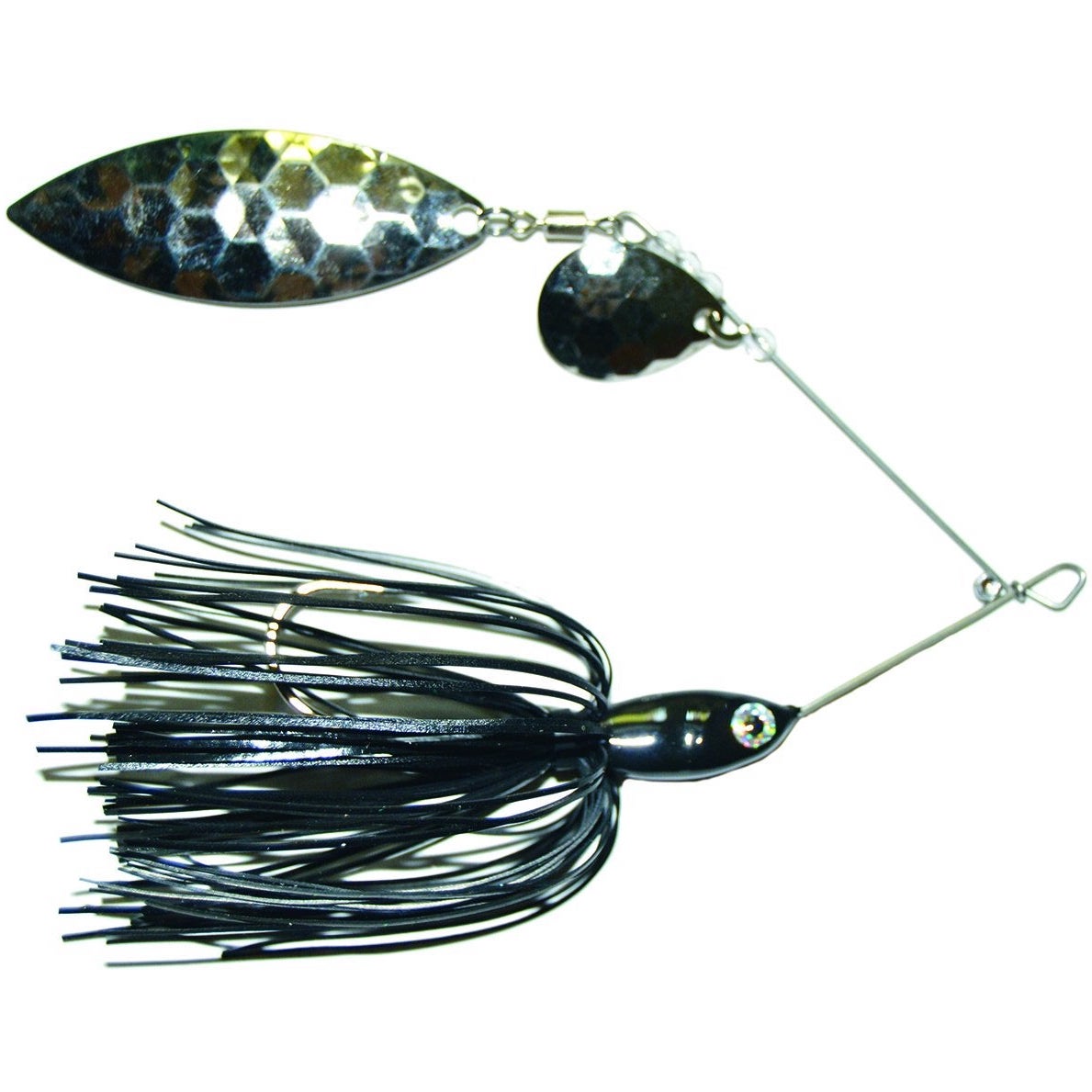 Mission Tackle Spinnerbait Tandem Spin fishing lure with two reflective silver blades and a black skirt designed for musky fishing tackle.