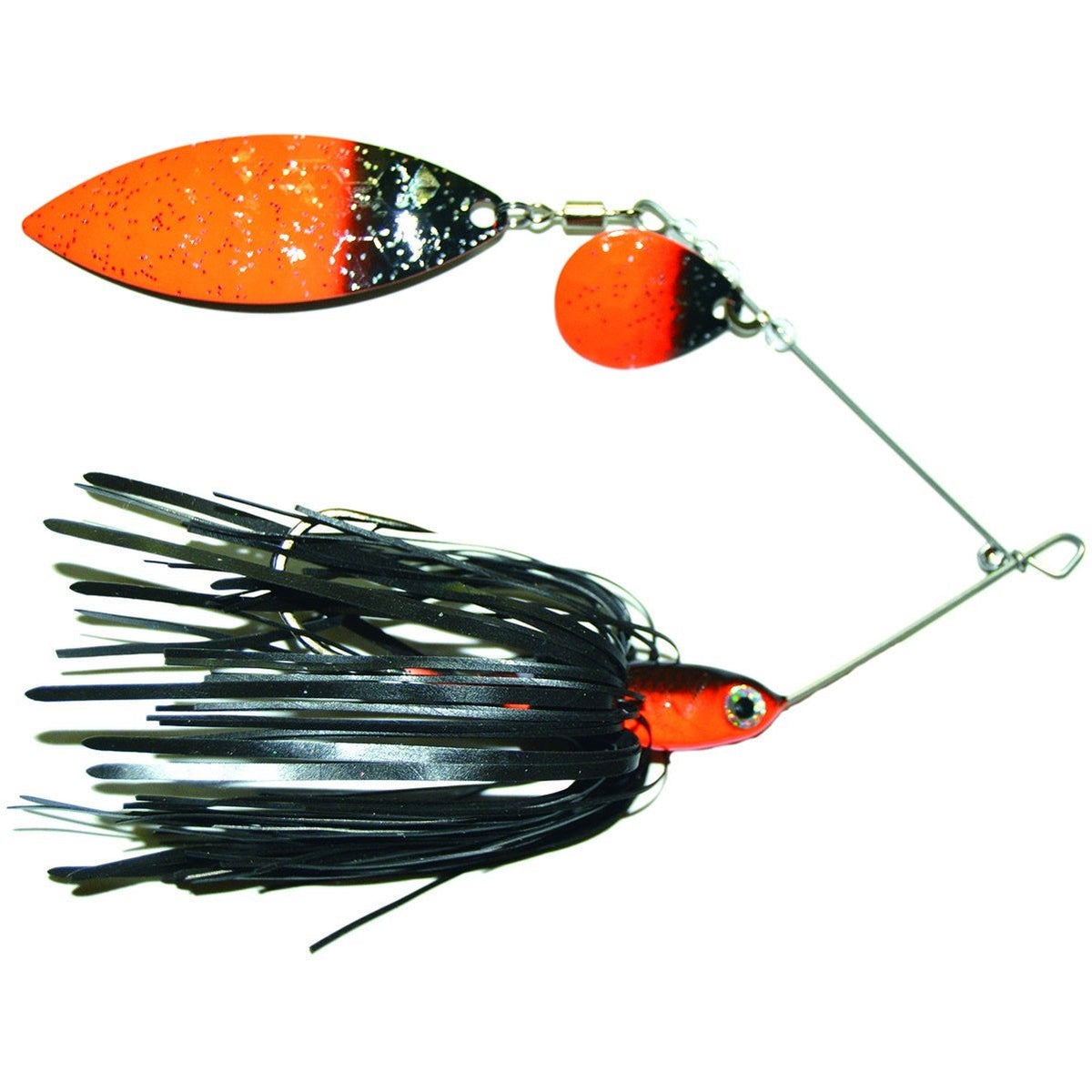 Mission Tackle Spinnerbait Tandem Spin featuring a black and orange skirted body with dual metal spinner blades in matching orange and black, designed for fishing tackle use.