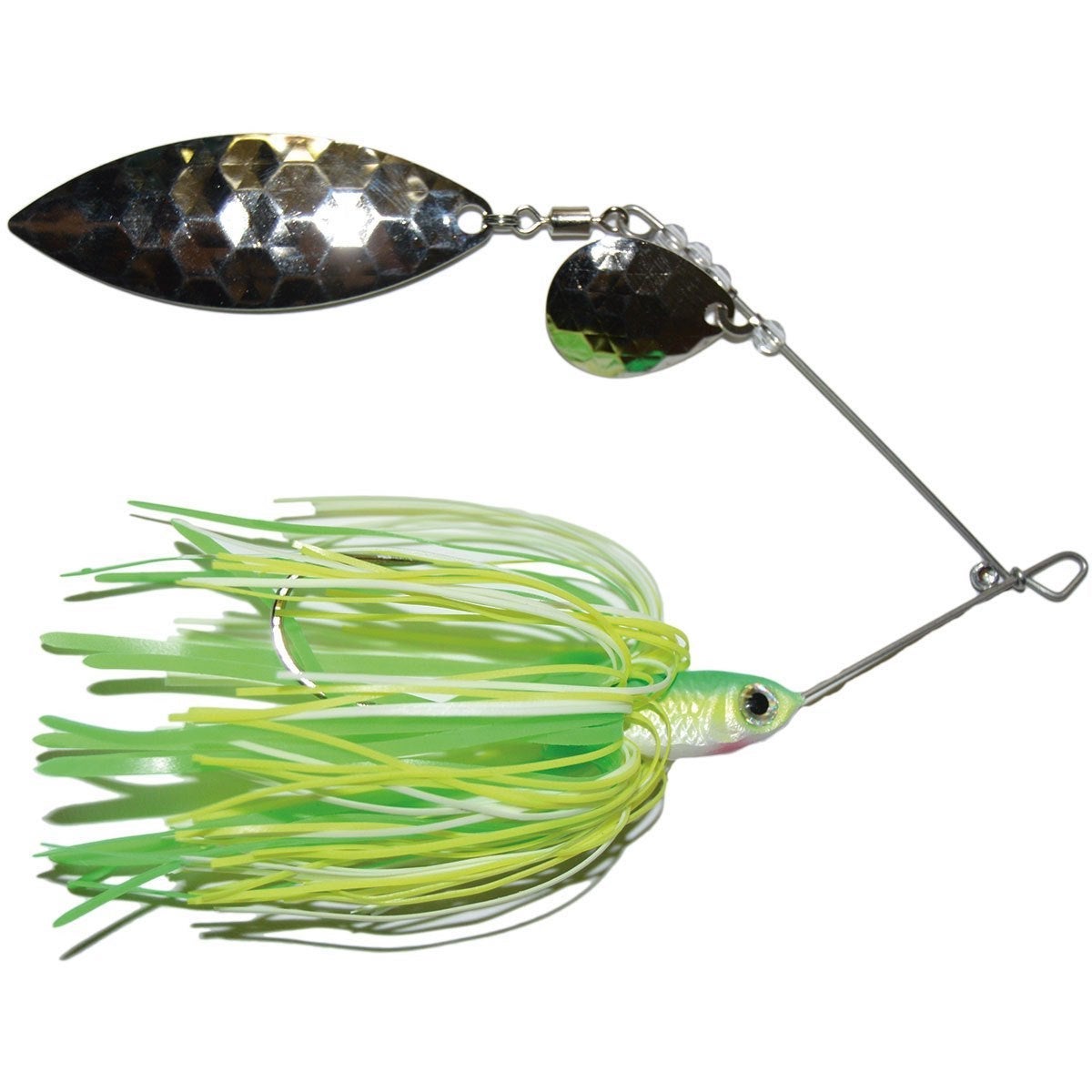 Mission Tackle Spinnerbait Tandem Spin featuring chartreuse and white skirt with two silver spinning blades, designed for fishing tackle use targeting predatory fish.