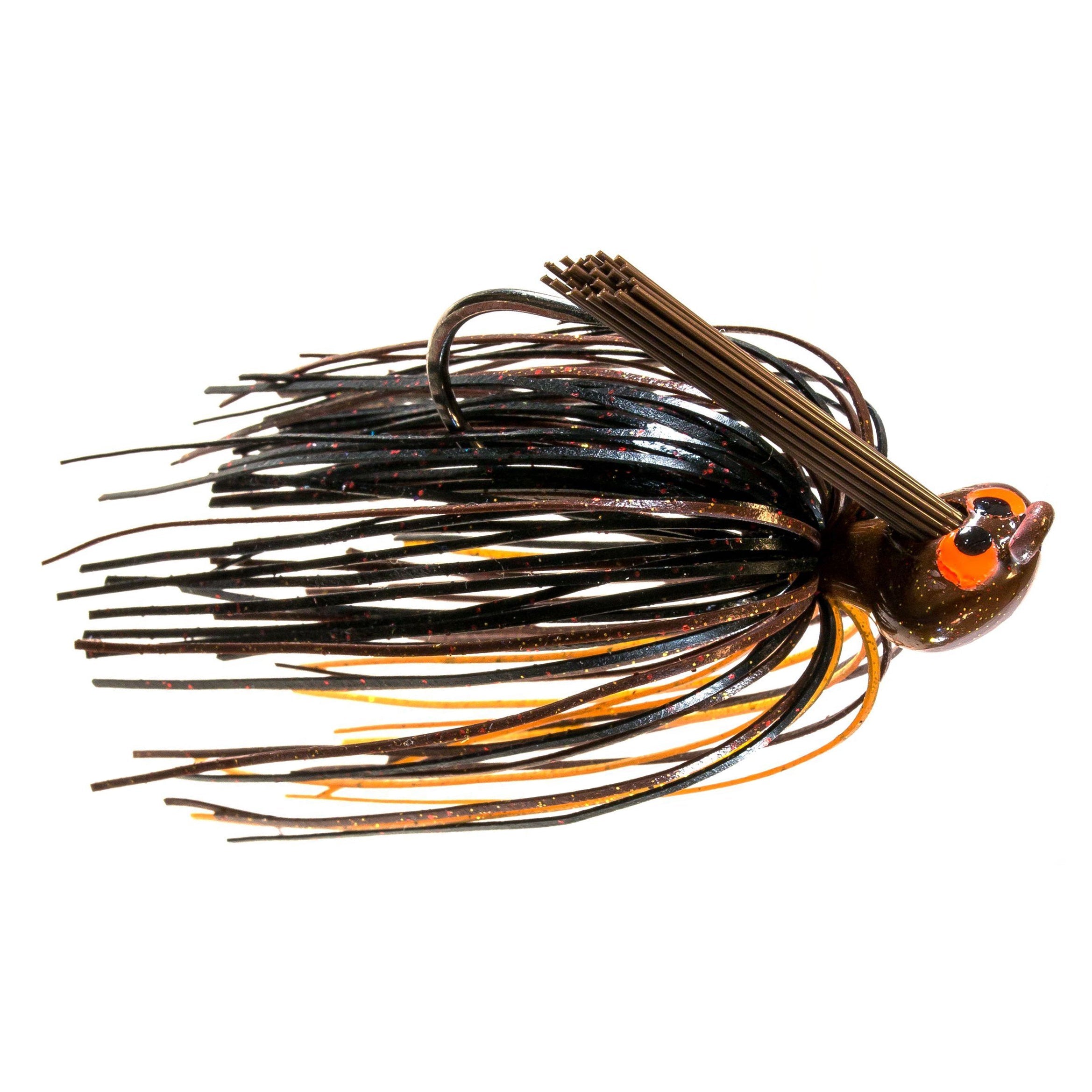 Z-Man CrossEyeZ Flipping Jig with a detailed, weighted head and skirt in black and orange tones, designed for effective fishing lure action in freshwater environments.