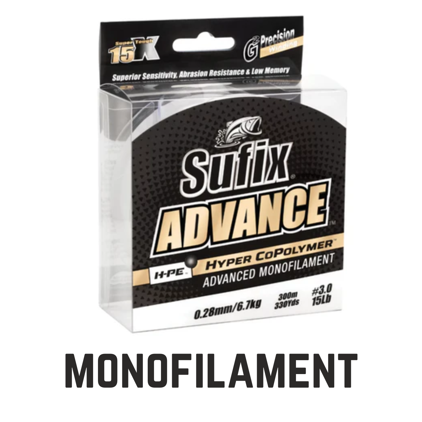 sufix advance line with text overlay monofilament