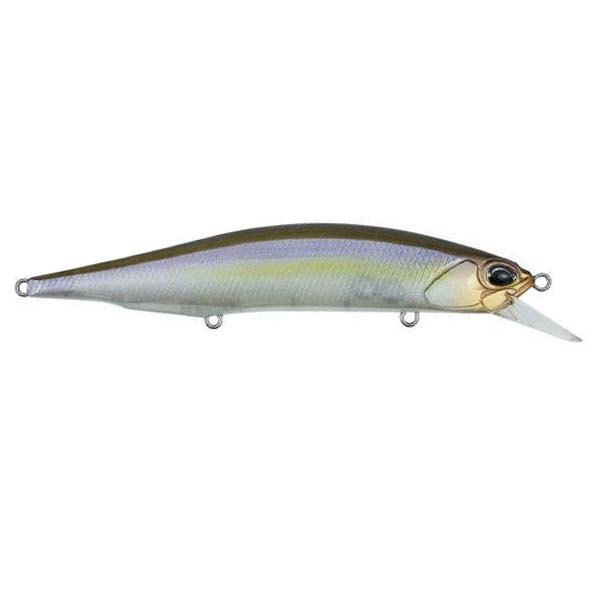Duo Realis 110SP Jerkbait fishing lure featuring a sleek, elongated body with a metallic silver and green finish, designed for effective fishing tackle use.
