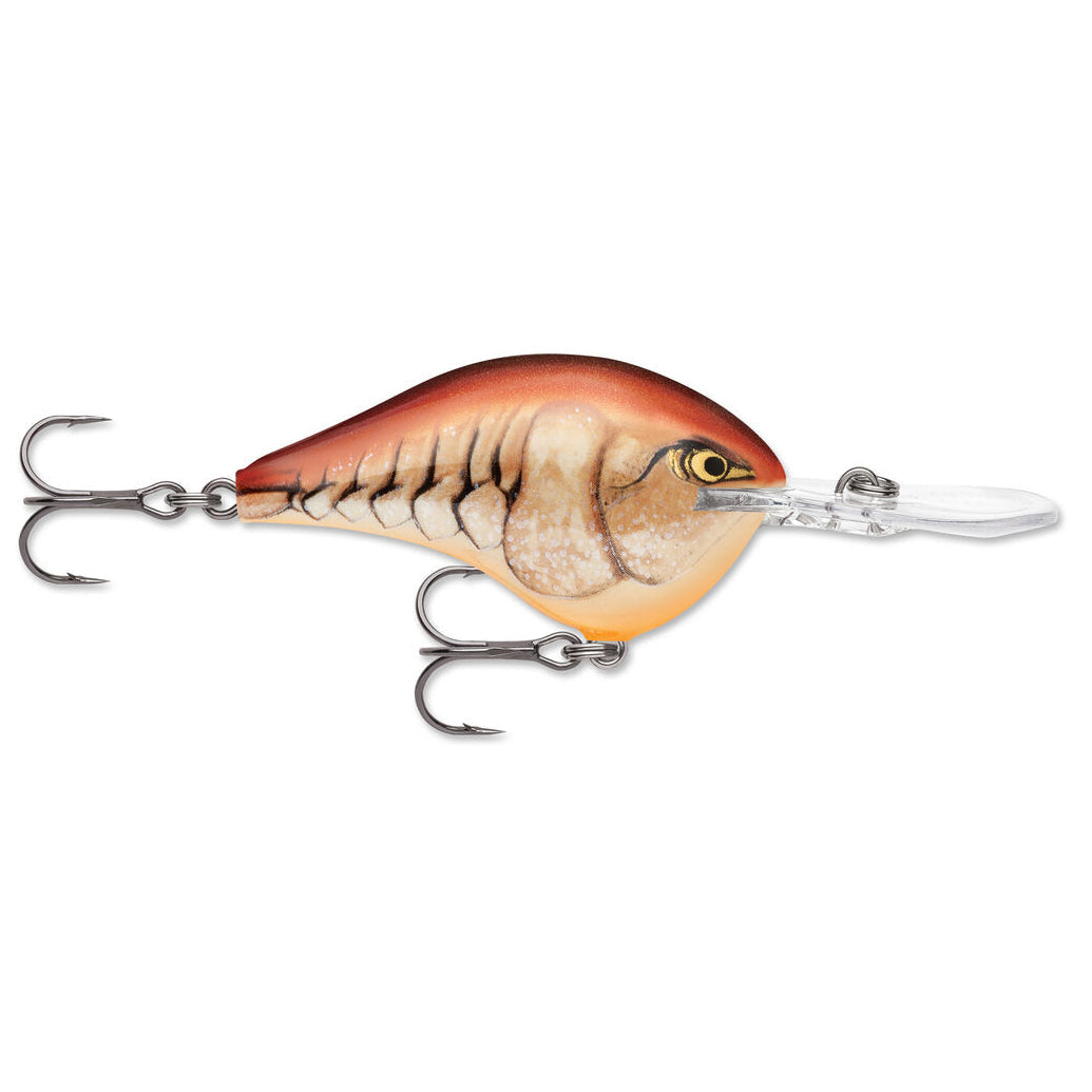 Rapala DT 14 Crankbait fishing lure with a natural brown and tan fish scale pattern, clear diving lip, and two treble hooks designed for effective fishing tackle use.