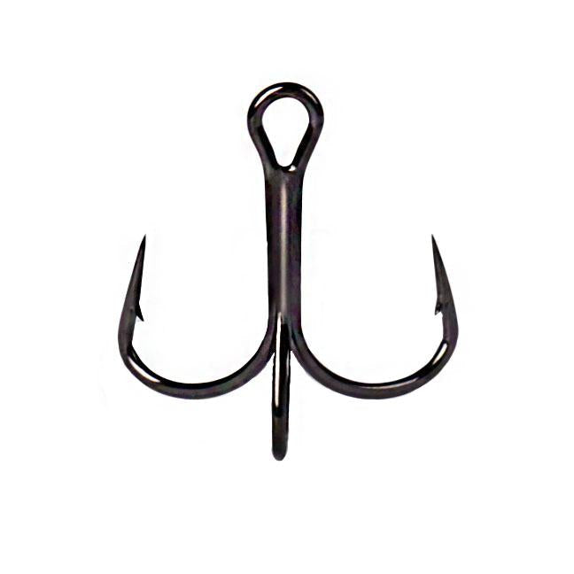 Mustad KVD Elite Triple Grip 1X Strong Treble Hook, a black metal fishing hook with three sharp points and reinforced eye for durable fishing tackle use.