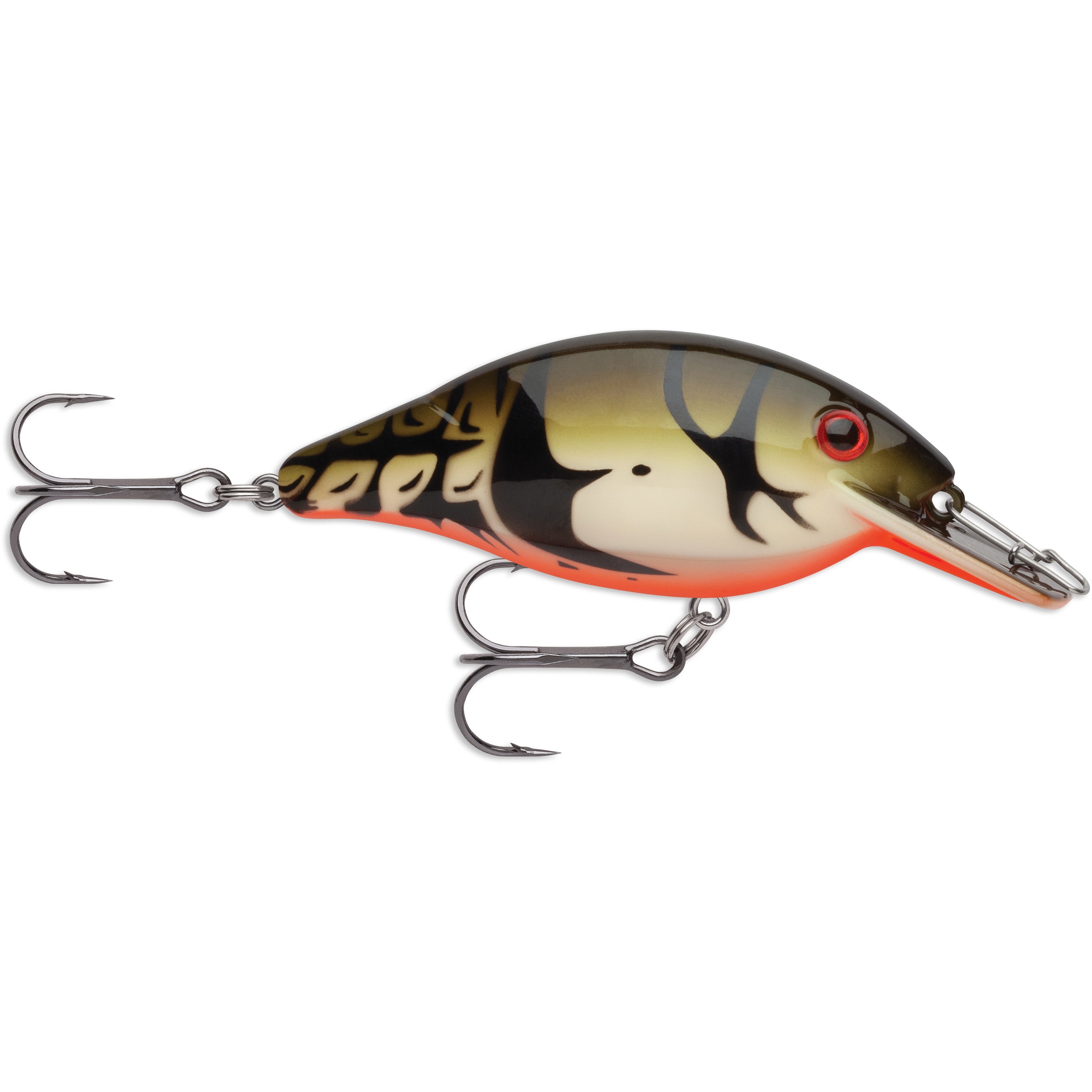 Storm Speed Trap Crankbait fishing lure with a natural green and black pattern, red eye detail, and two treble hooks for effective fishing tackle use.