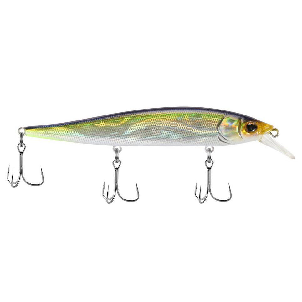 Berkley Stunna 112 Jerkbait fishing lure with a shiny, reflective body in green and yellow tones, equipped with three sharp treble hooks and a clear plastic lip for diving action.