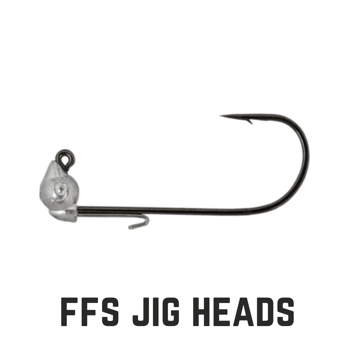 silver lead jig head and hook with text overlay FFS Jig heads