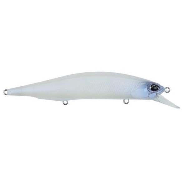 Duo Realis 110SP Jerkbait in a translucent pearl finish, detailed with lifelike eyes and a diving lip designed for effective fishing lure action in freshwater environments.
