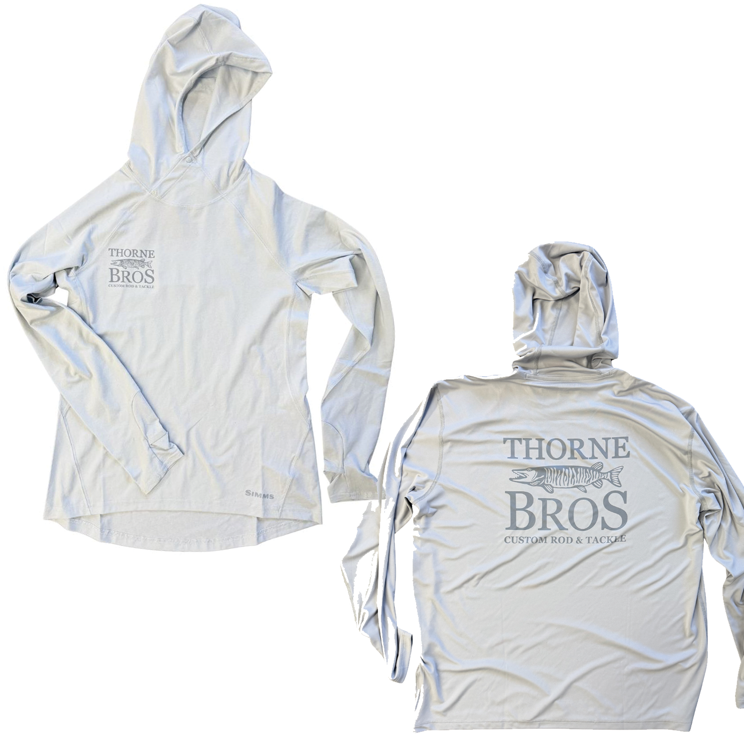 Simms Thorne Bros. Fly Fishing Logo M's SolarFlex Hoody in light gray with front and back logos, featuring a hood and long sleeves designed for fishing and outdoor activities.