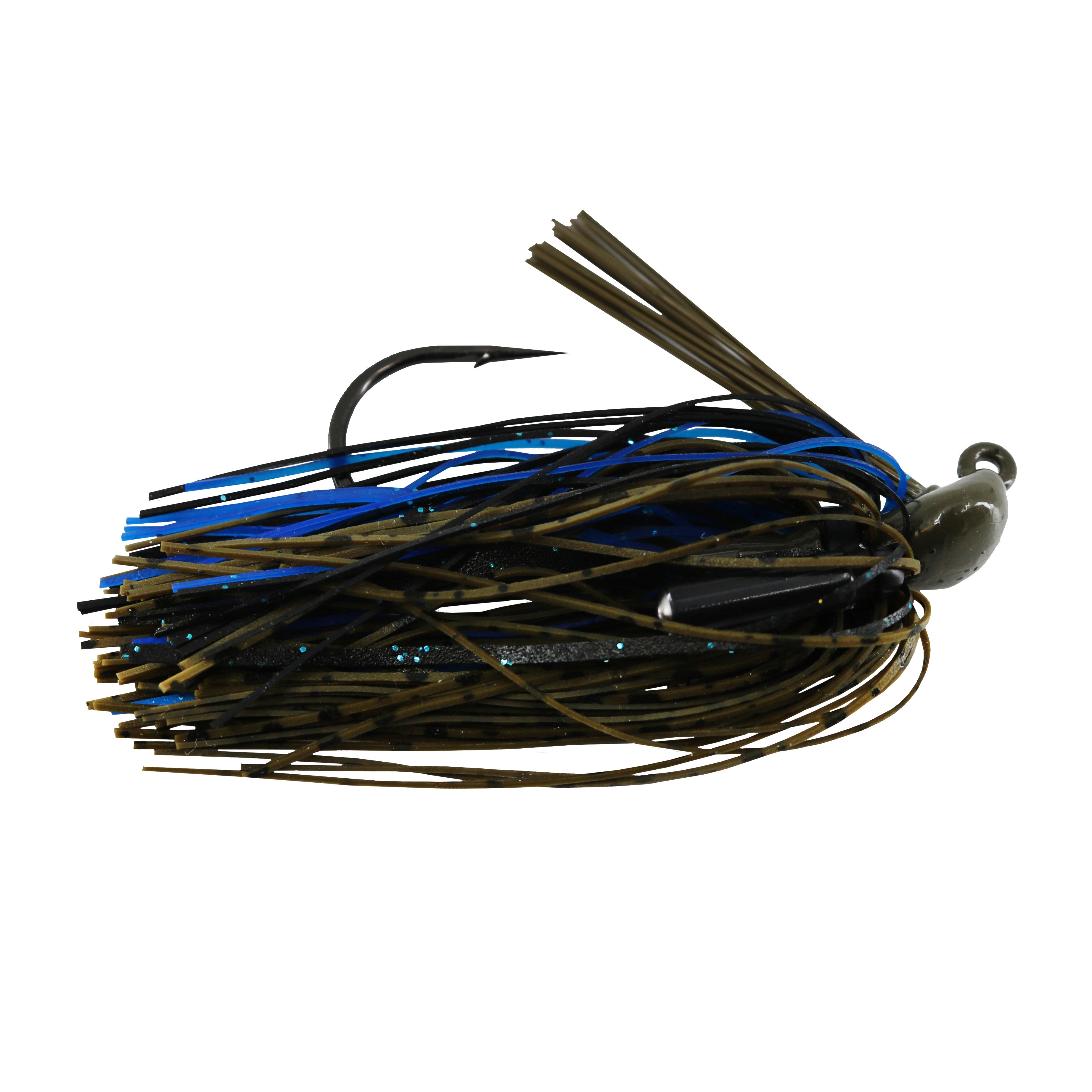 Close-up of a BassTEK Tungsten Flipping Jig fishing lure featuring a weighted head, sharp hook, and multi-colored silicone skirt in black and blue, designed for bass fishing.