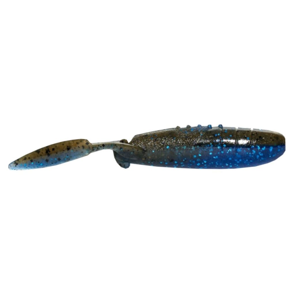 Keitech 3.5" Glide Camaron fishing lure in blue and black with speckled detailing designed to mimic a small baitfish for musky and other freshwater fishing.