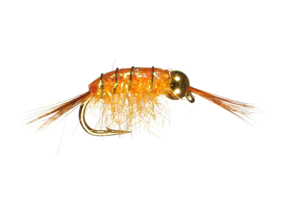 BH Scud #14 fishing lure in orange with a gold bead head, detailed body, and tail fibers designed for fly fishing and musky tackle.