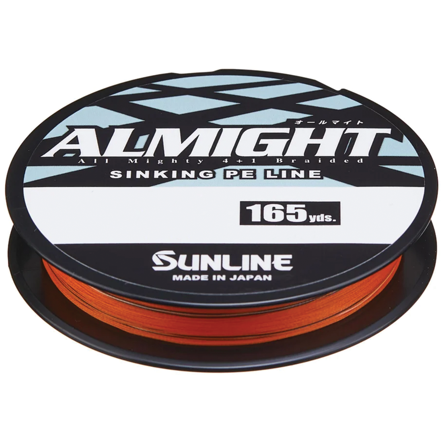 Round spool of orange Sunline Almight sinking PE braided fishing line measuring 165 yards, designed for durability and performance in fishing tackle.