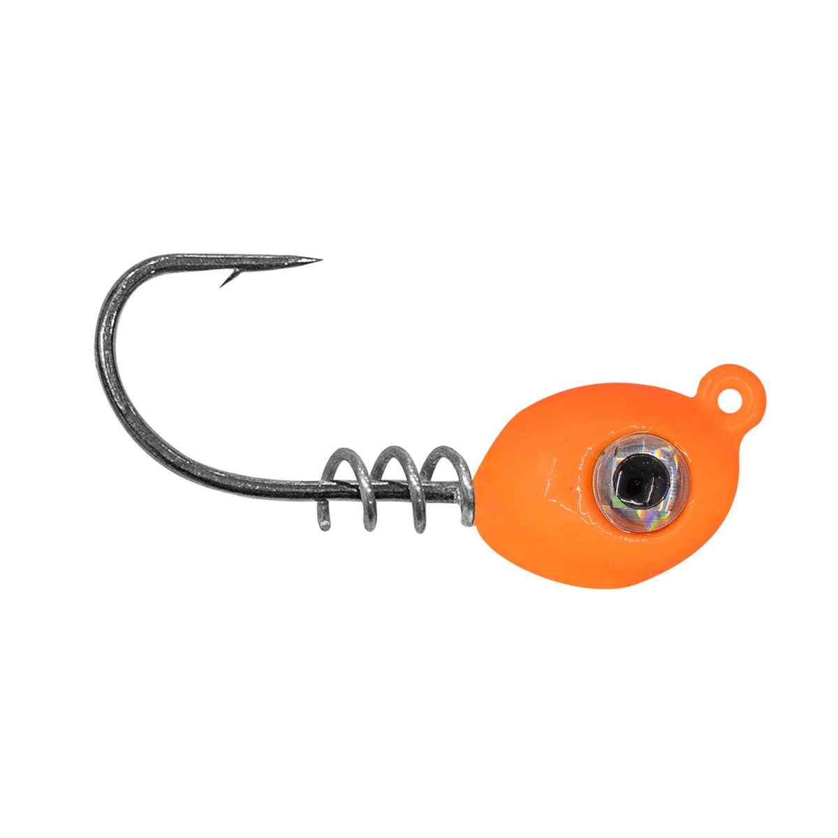 1Standard Dock Shooter Jig Head featuring a bright orange weighted head with a realistic eye, sharp hook, and spring coil for secure lure attachment, used in fishing tackle.